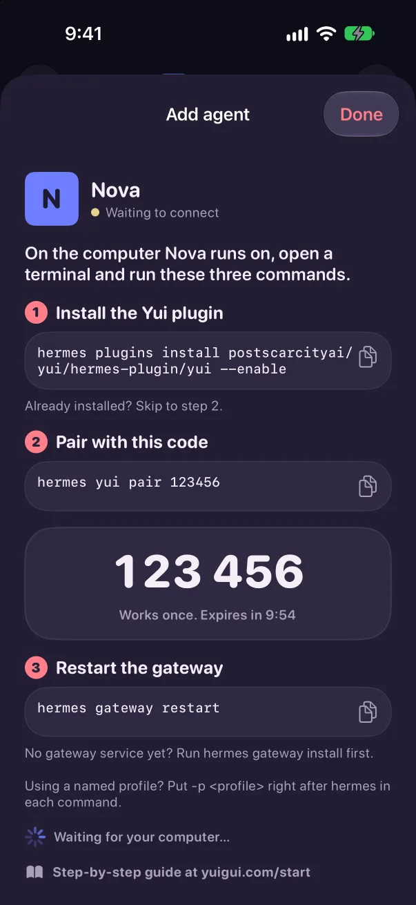 The same pairing code screen in dark mode