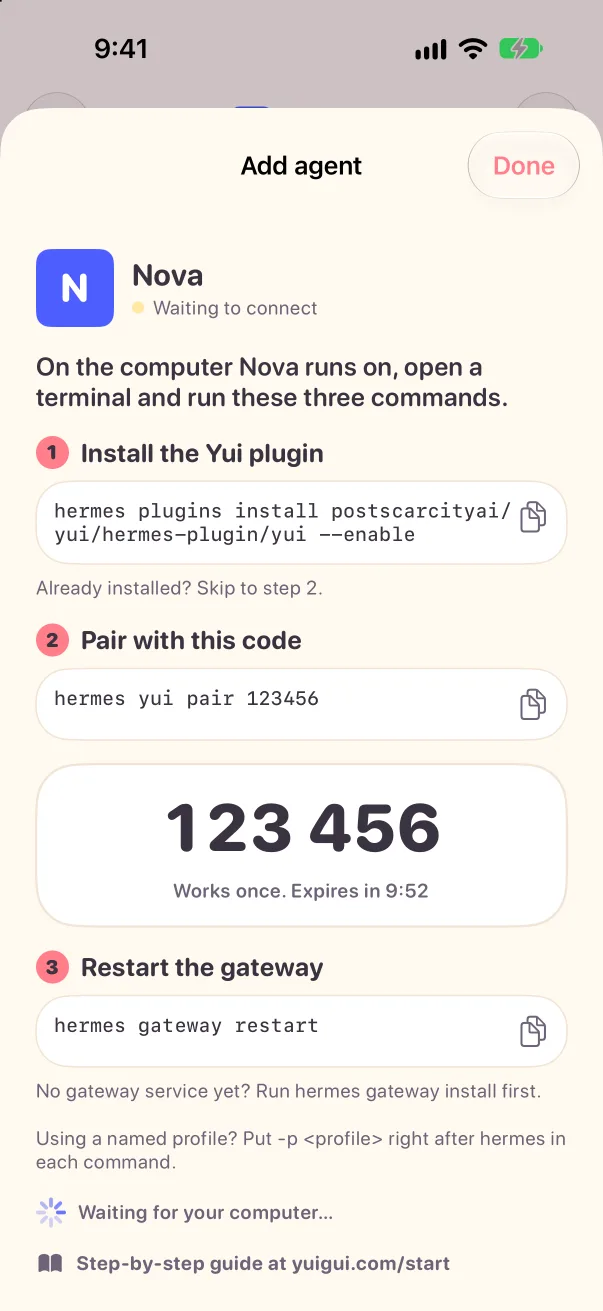 Add agent in Yui: the new agent Nova with a 6-digit pairing code and the commands to run, light mode
