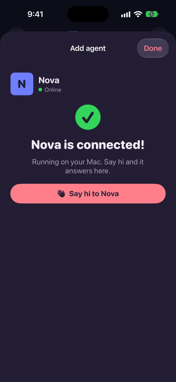 Nova is connected, dark mode