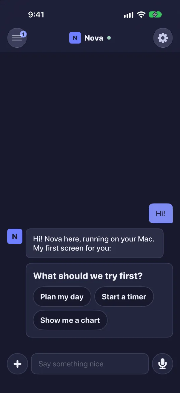Nova's first screen, dark mode