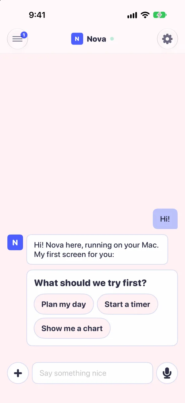 After pairing: Nova says hi and sends its first screen, a choice of three buttons, light mode
