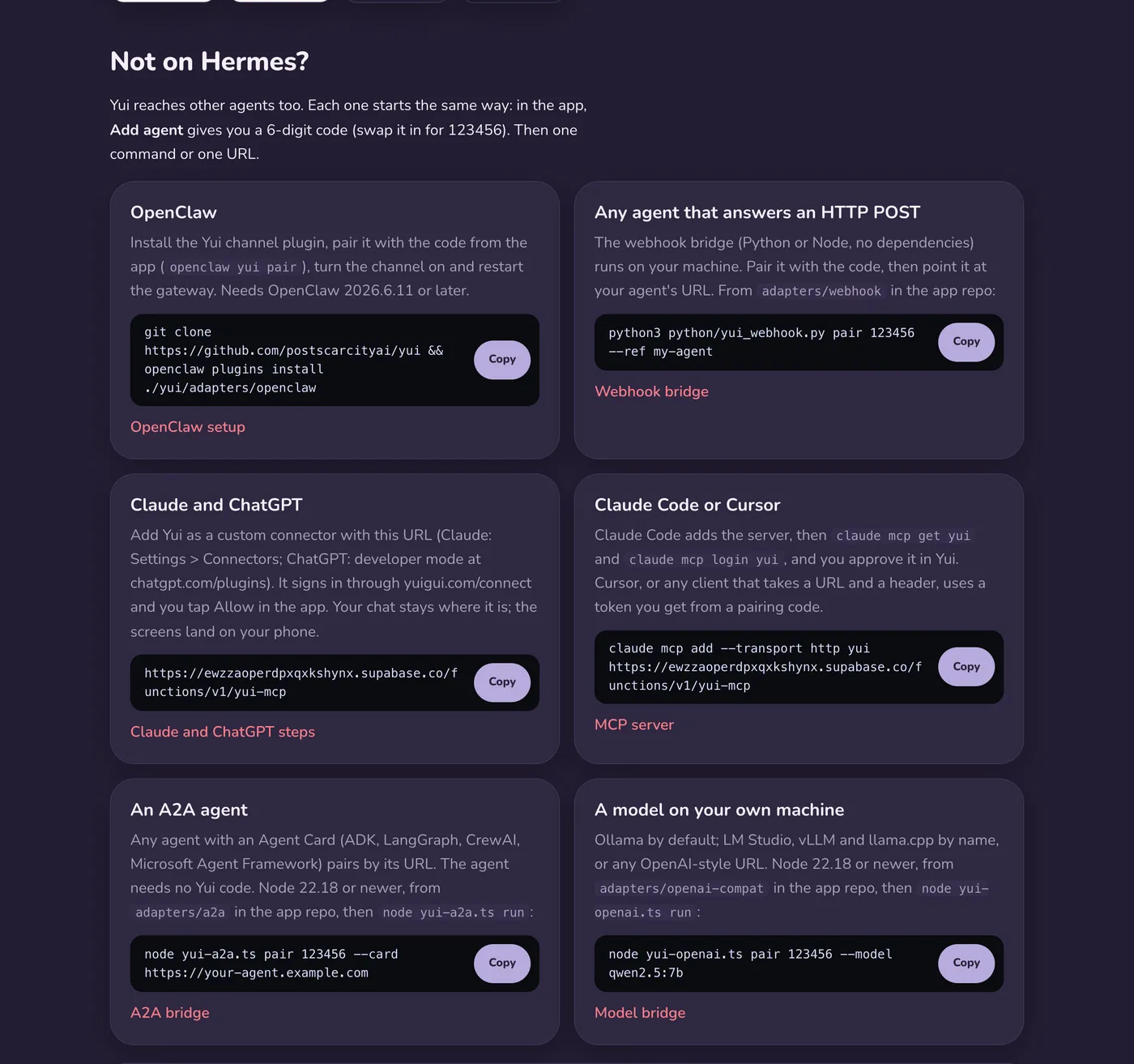 yuigui.com/start on a desktop in dark mode: the six other ways in, two cards per row