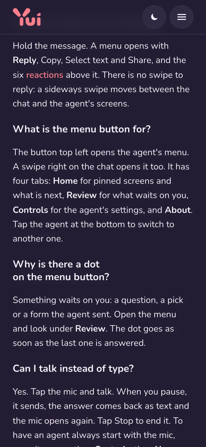 yuigui.com/help on a phone in dark mode: Why is there a dot on the menu button? and Can I talk instead of type?