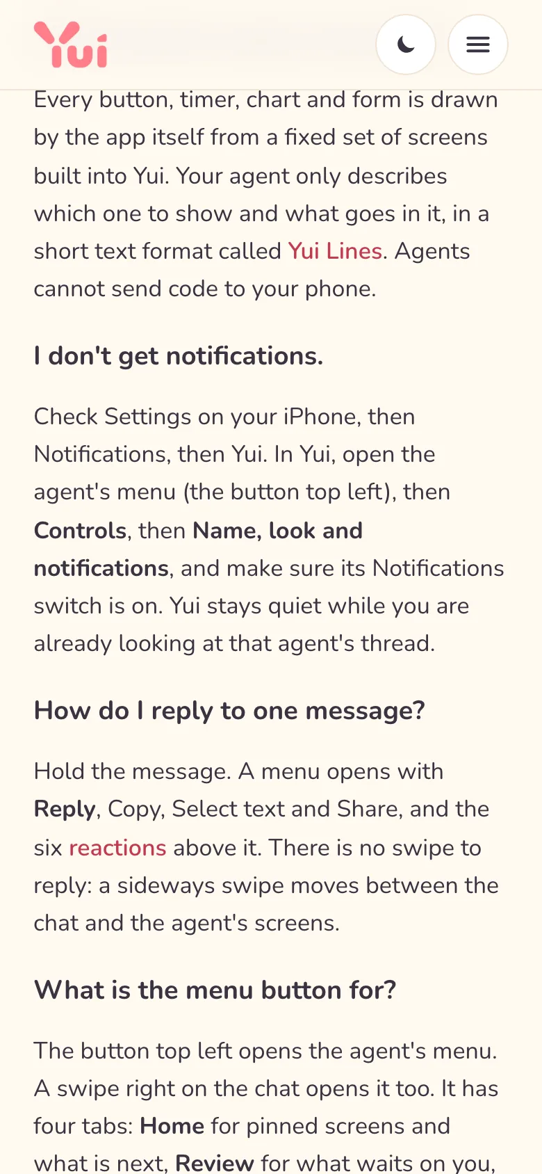 yuigui.com/help on a phone in light mode: the new answers How do I reply to one message? and What is the menu button for?