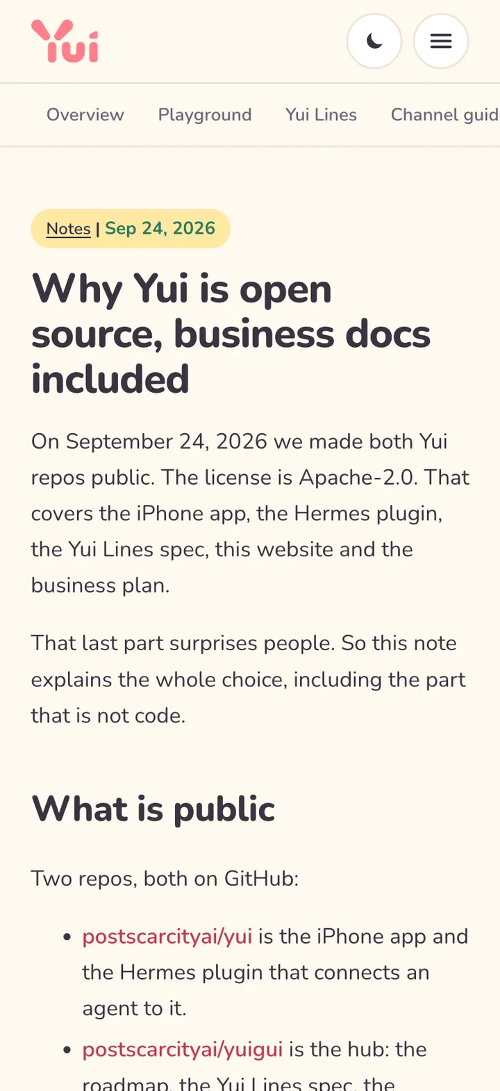 The open source note on a phone: the title, the opening paragraphs and the What is public section with links to both GitHub repos