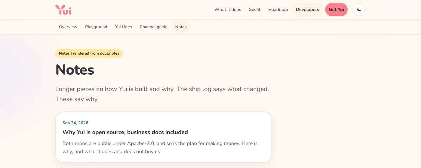 The Notes page on a laptop: the headline Notes, a line saying these are longer pieces on how Yui is built and why, and one card dated Sep 24, 2026 for the note Why Yui is open source, business docs included. Notes is highlighted in the Developers menu row