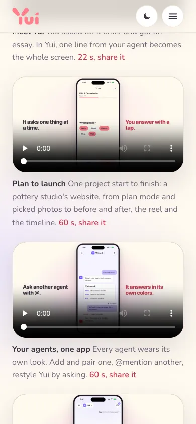 The home page on a phone: Watch the films, with Plan to launch and Your agents ready to play