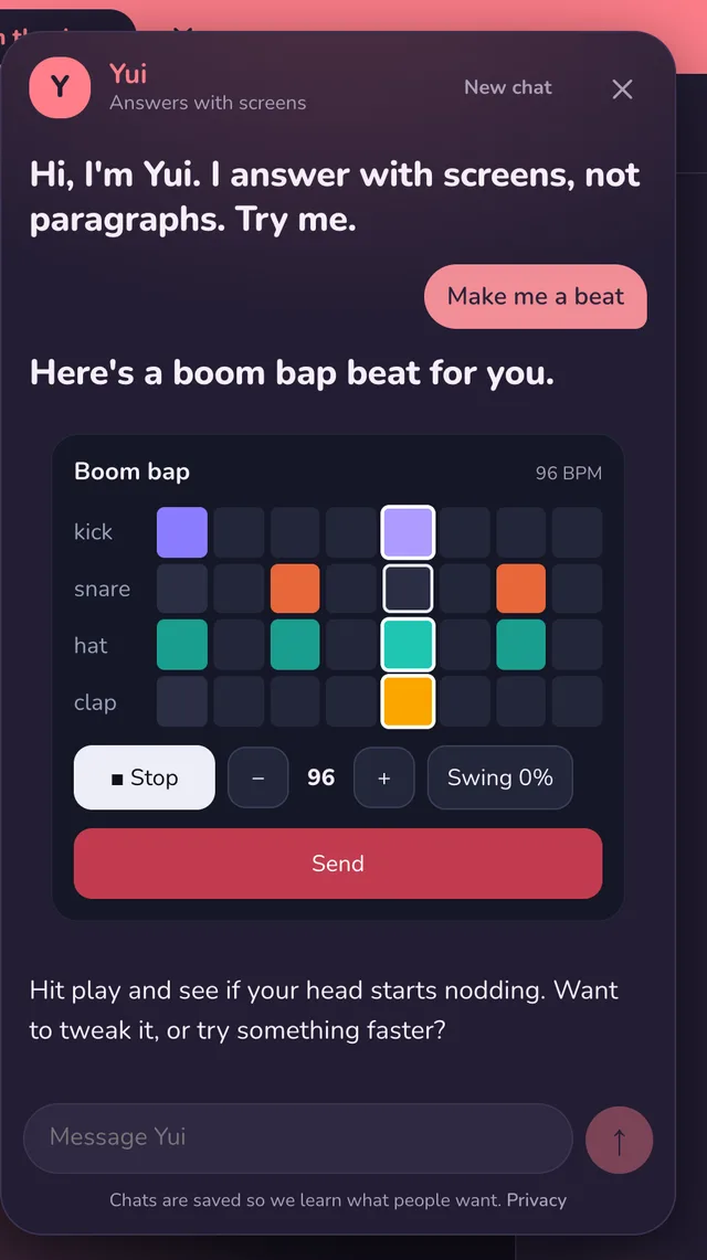 Make me a beat: Yui answers with a boom bap loop, kick, snare, hat and clap rows, playing