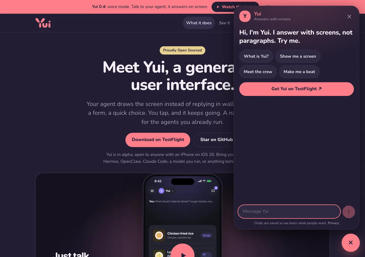 The same page gone dark with the chat open: Hi, I'm Yui, four starter buttons and Get Yui on TestFlight