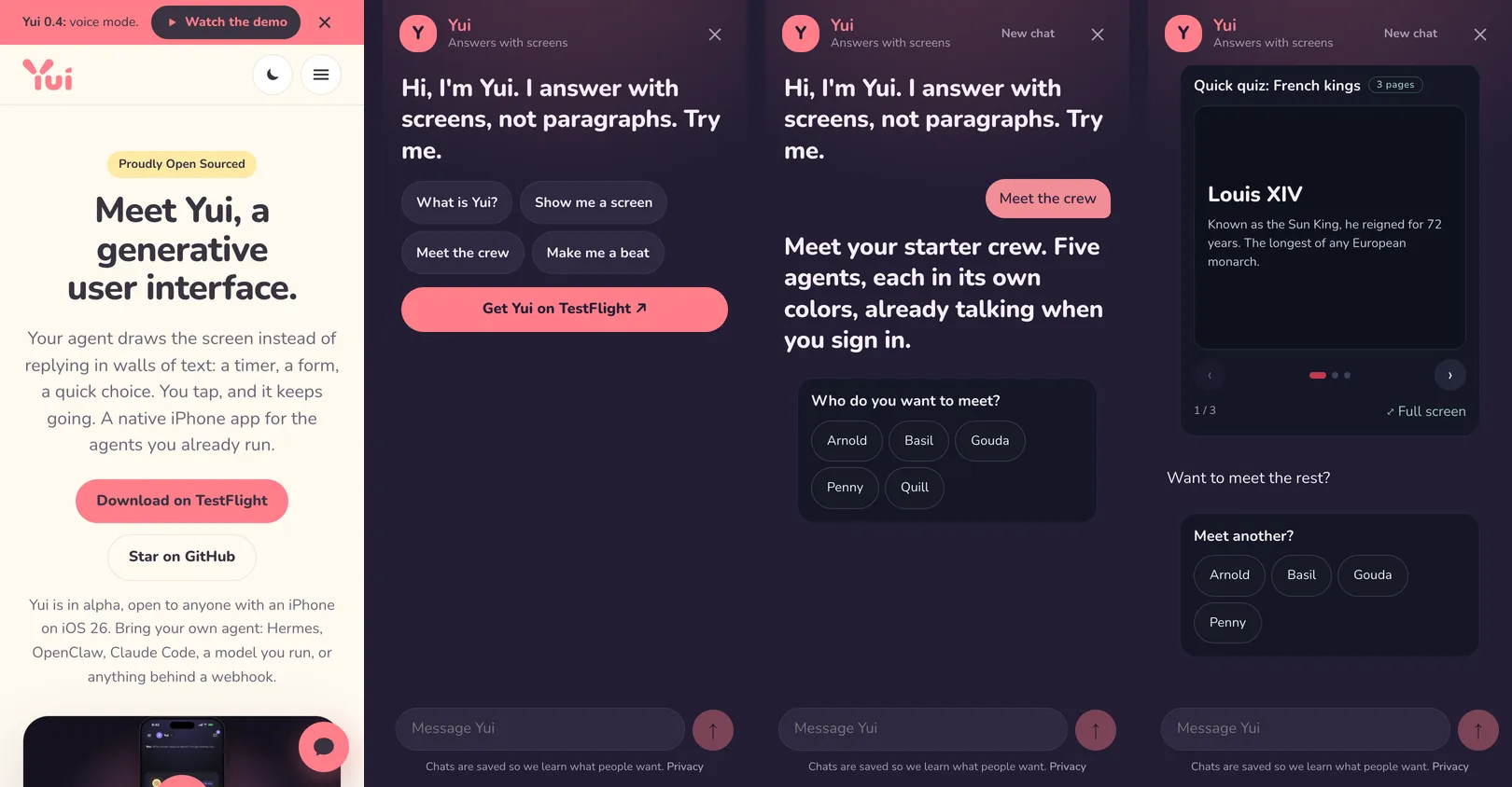 On a phone: the light page, then the chat full screen and dark, Meet the crew with five names to tap, and Quill's quiz deck after tapping Quill