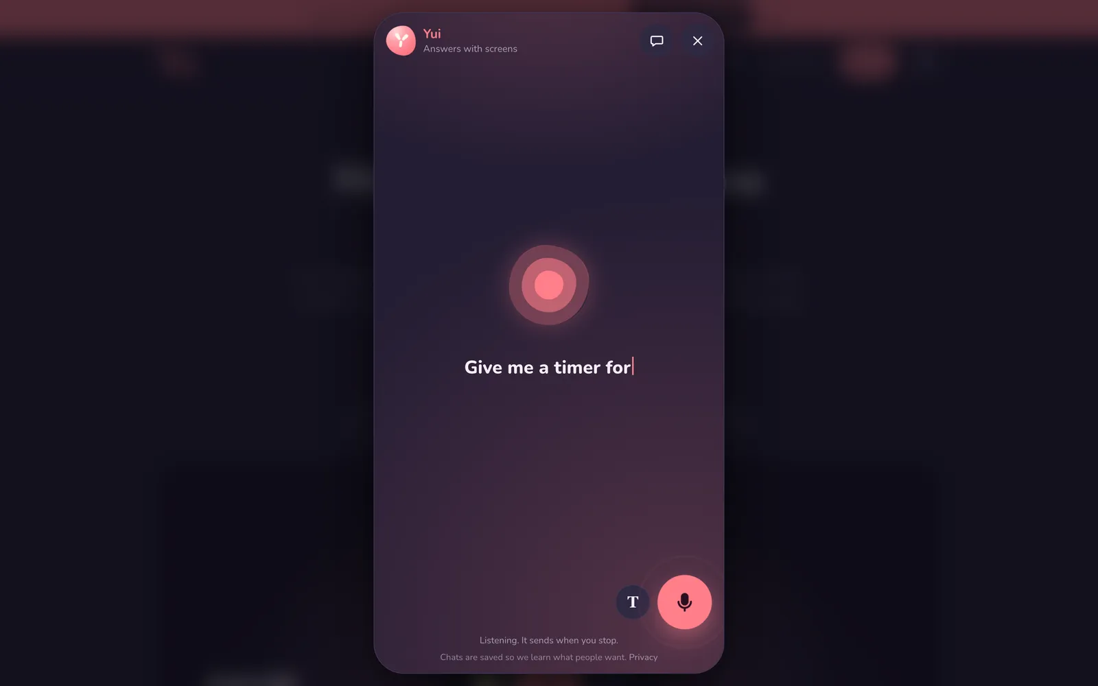 On a laptop the chat is a full-height phone-shaped layer over the dimmed site; the mic is listening and Give me a timer for shows as it is heard