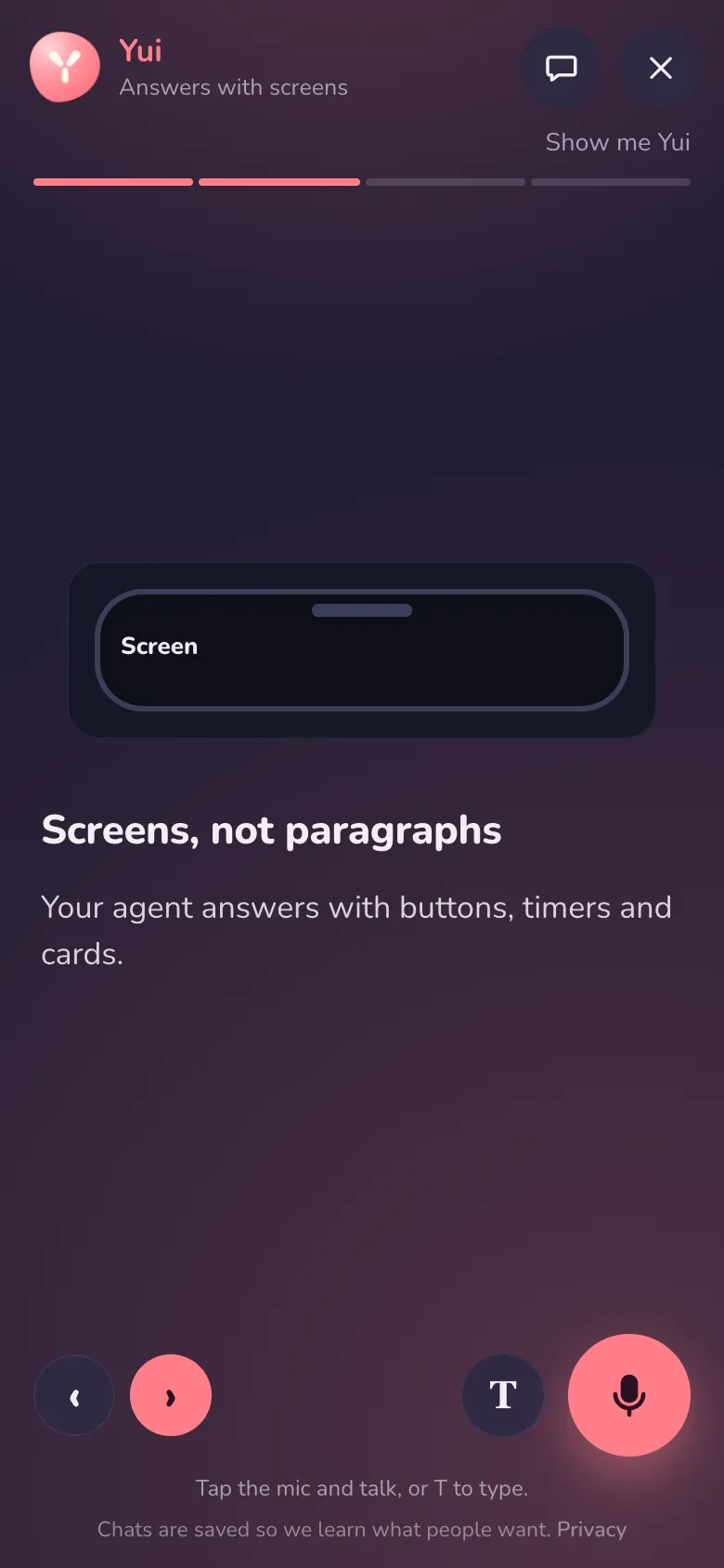 A deck playing on the stage on a phone: four segments on top, part two Screens, not paragraphs, back and next bottom left