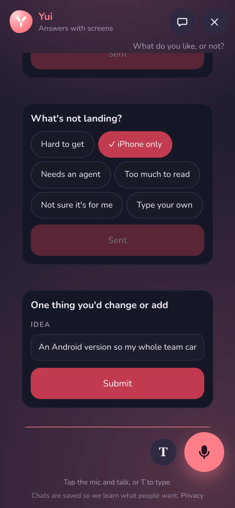 The feedback flow: What's not landing? with iPhone only picked, then One thing you'd change or add with a line typed in