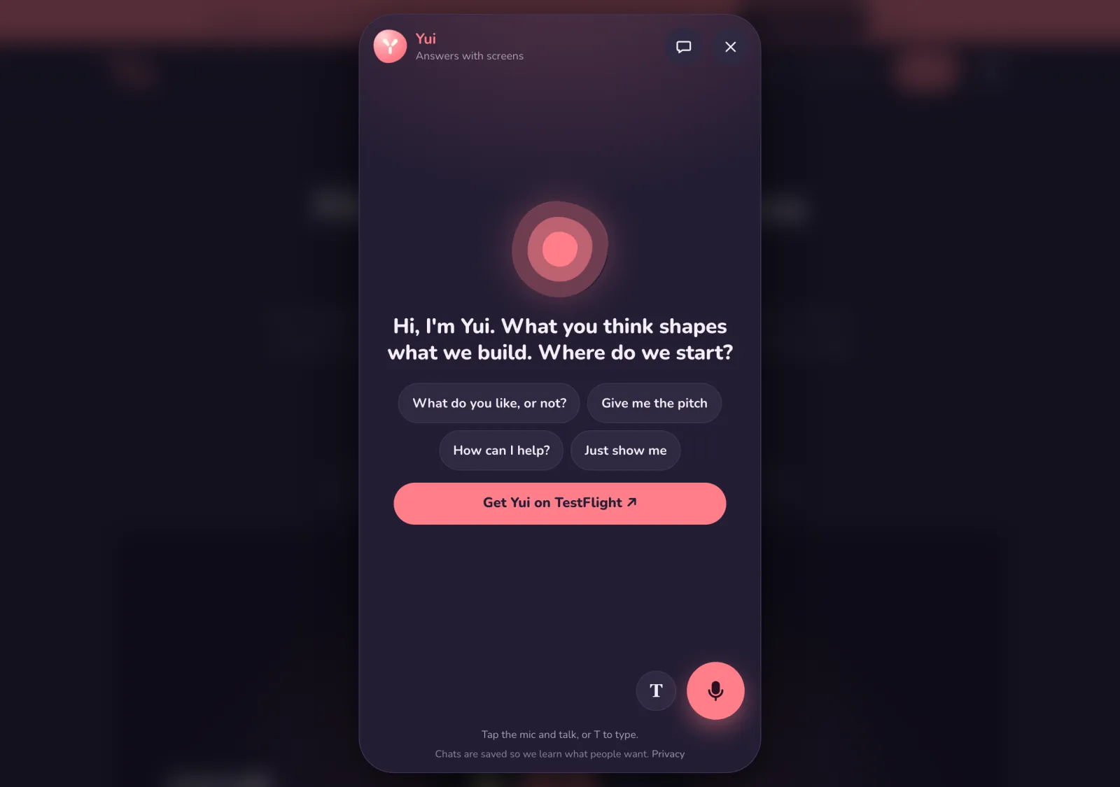 The site chat on a computer, a phone-shaped layer over the dimmed page, opening on the four feedback-first buttons