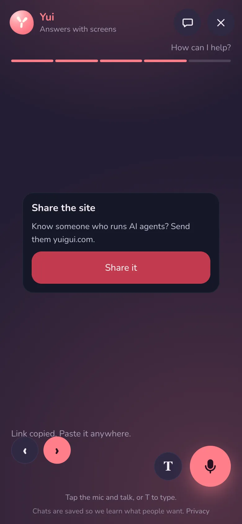 How can I help? on a phone: the Share the site card with a Share it button