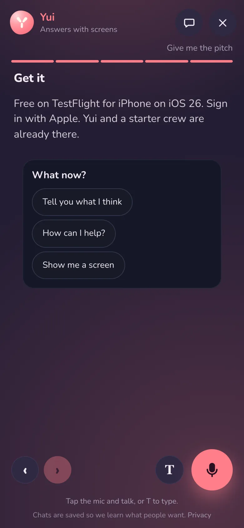 The last page of the pitch, Get it, with a What now? choice under it