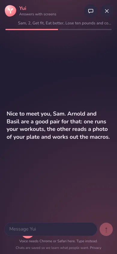 Yui answers the flow's one event by name: Nice to meet you, Sam, with the pair of agents it picked