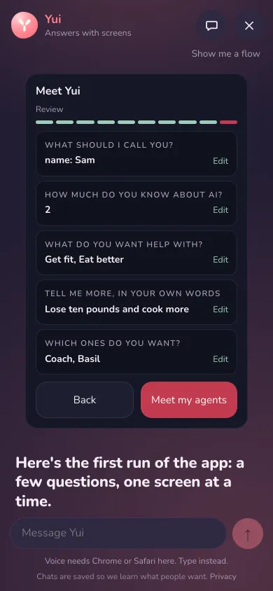 The flow's review in the chat: five answers with Edit, then one Meet my agents button