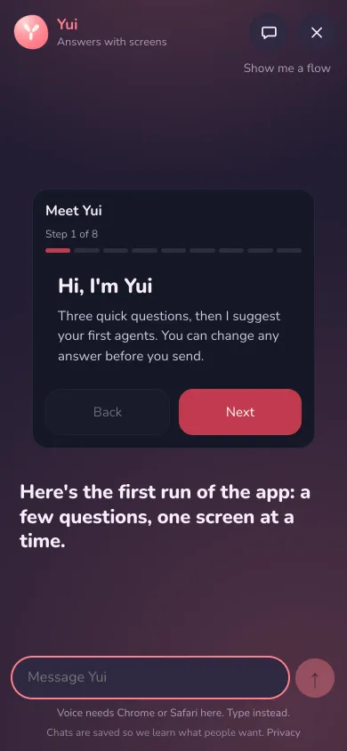 The site chat on a phone: 'Show me a flow' opens the Meet Yui flow on the stage, step 1 of 8, a page with Next