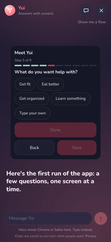 Step 4 of the flow in the chat: What do you want help with? as chips, with Back and Next