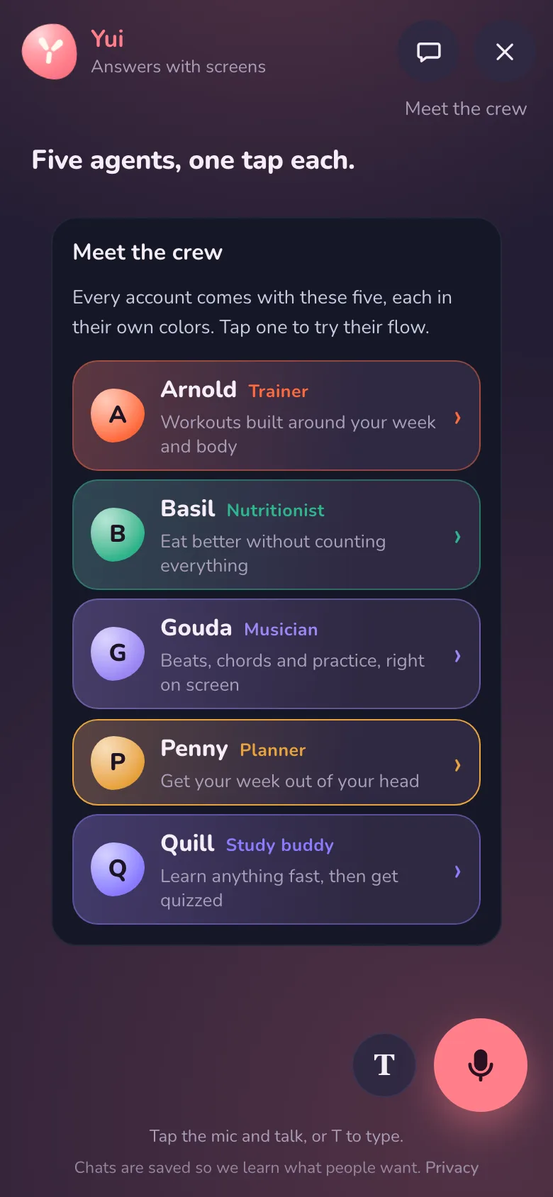 The site chat on a phone: Meet the crew, five rows in their own colors, each with a face, a name, a role and one line