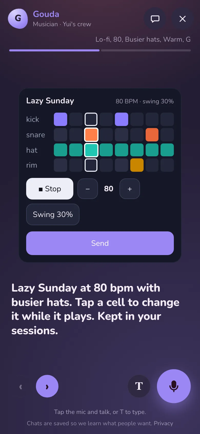 The musician's answer in lavender: a lo-fi loop at 80 bpm playing, kept in his sessions