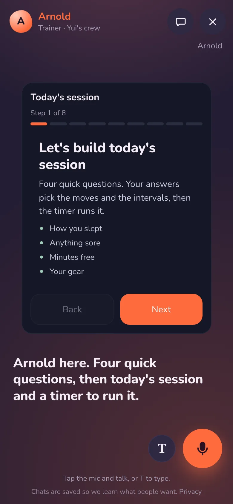 The trainer tapped: the chat turns orange, his hello and the first page of his flow