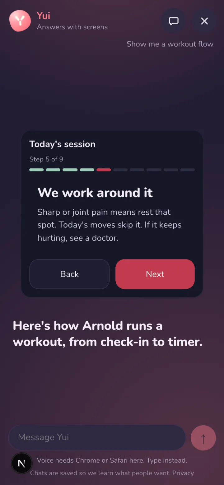The site chat on a phone, step 5 of 9: We work around it. Sharp or joint pain means rest that spot.