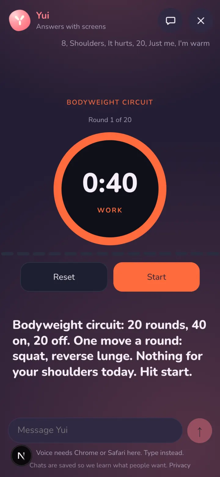 After Send: Bodyweight circuit, 20 rounds, 40 on and 20 off, squat and reverse lunge, nothing for your shoulders today, and the timer with Start