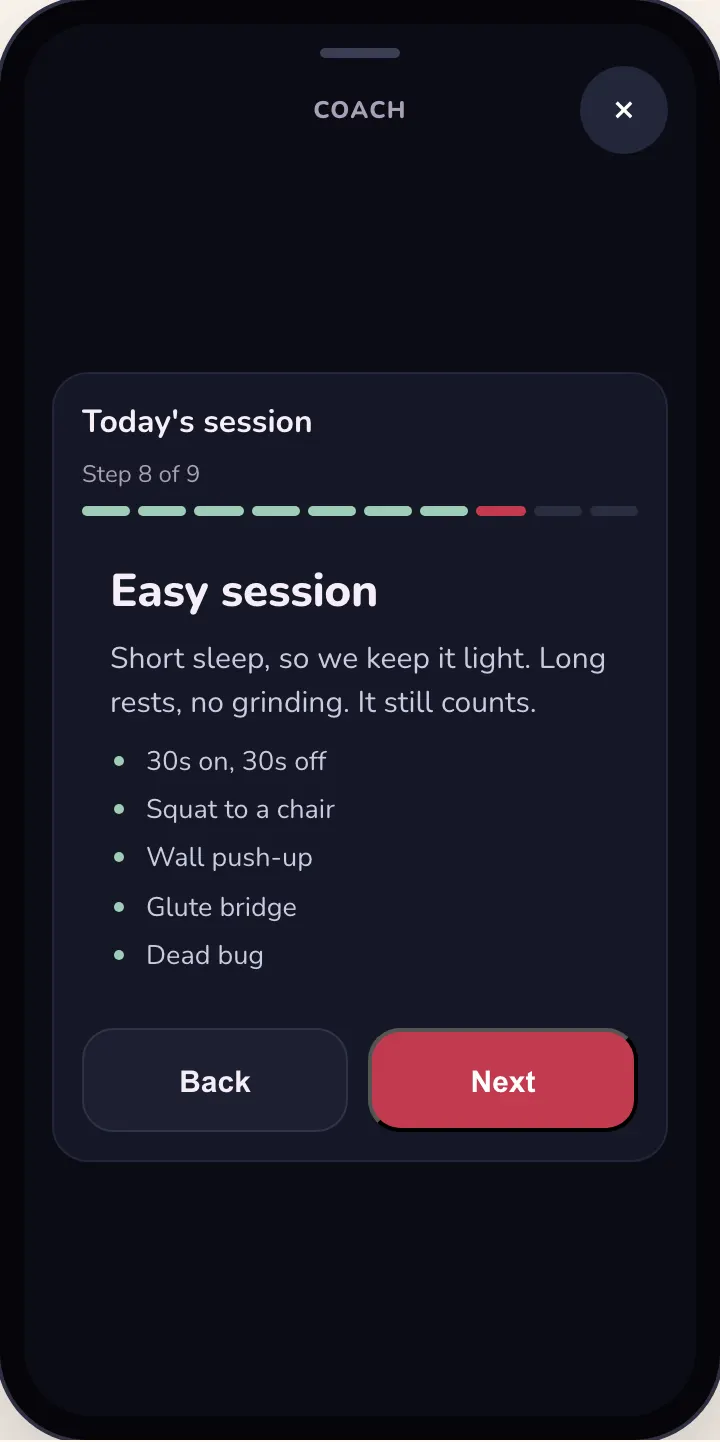 The session page a bad night picks: Easy session, 30s on and 30s off, four moves
