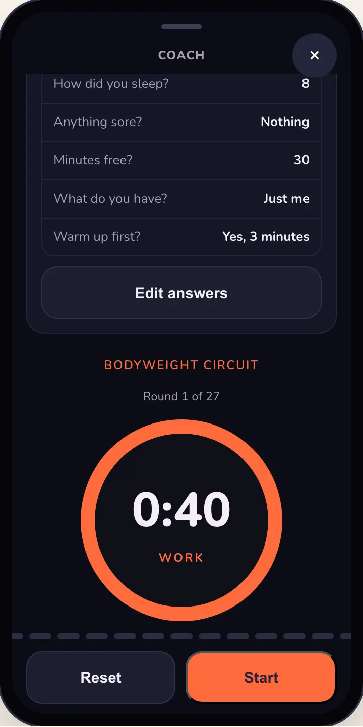 Coach's check-in, then the timer
