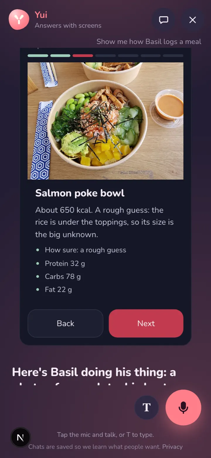 The site chat on a phone: the poke bowl photo, About 650 kcal, a rough guess because the rice is under the toppings