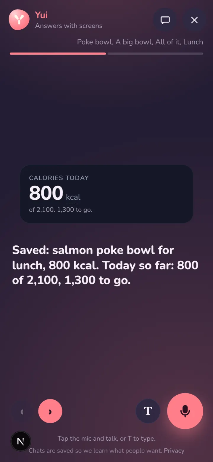 After Save: Saved, salmon poke bowl for lunch, 800 kcal, and Calories today, 800 of 2,100