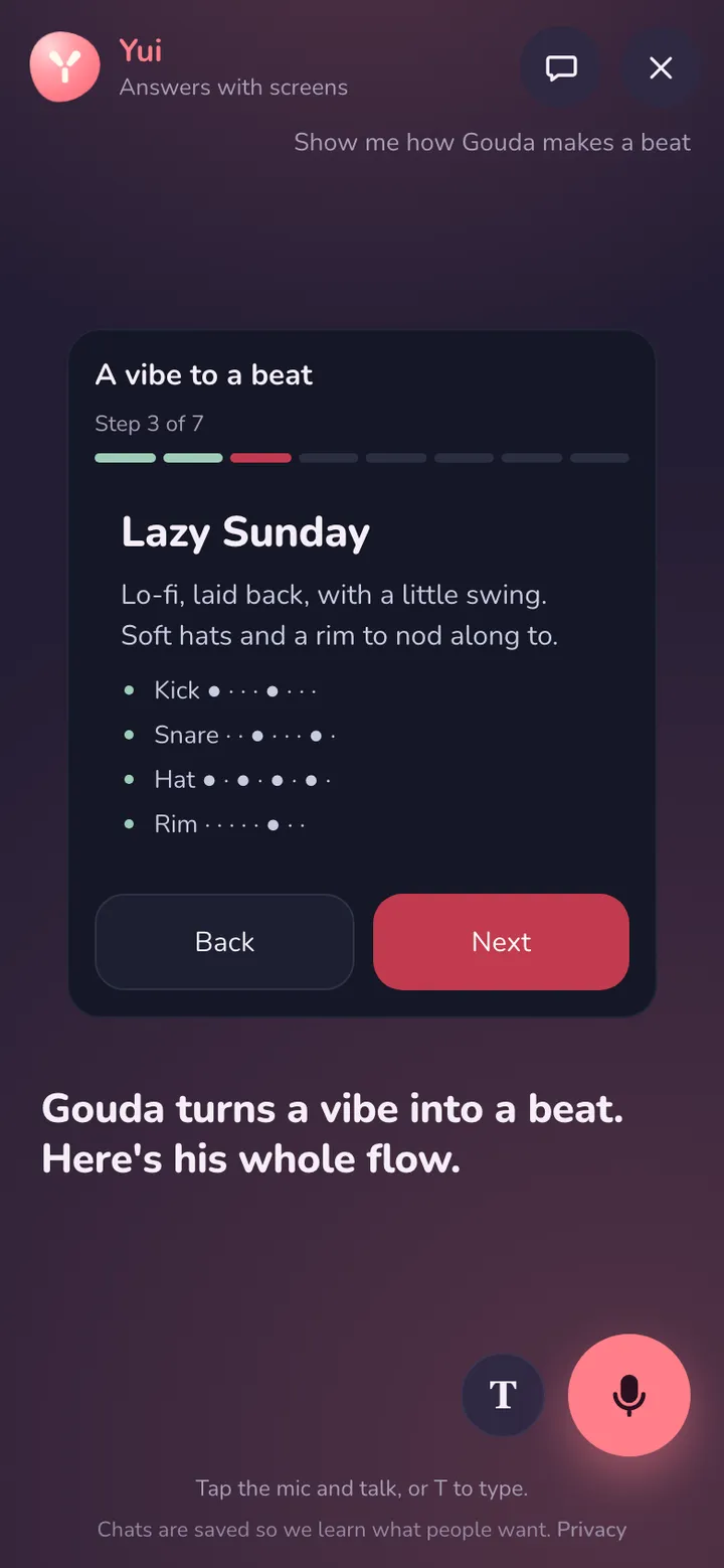 The site chat on a phone: Lazy Sunday, a lo-fi beat shown row by row, kick, snare, hat and rim