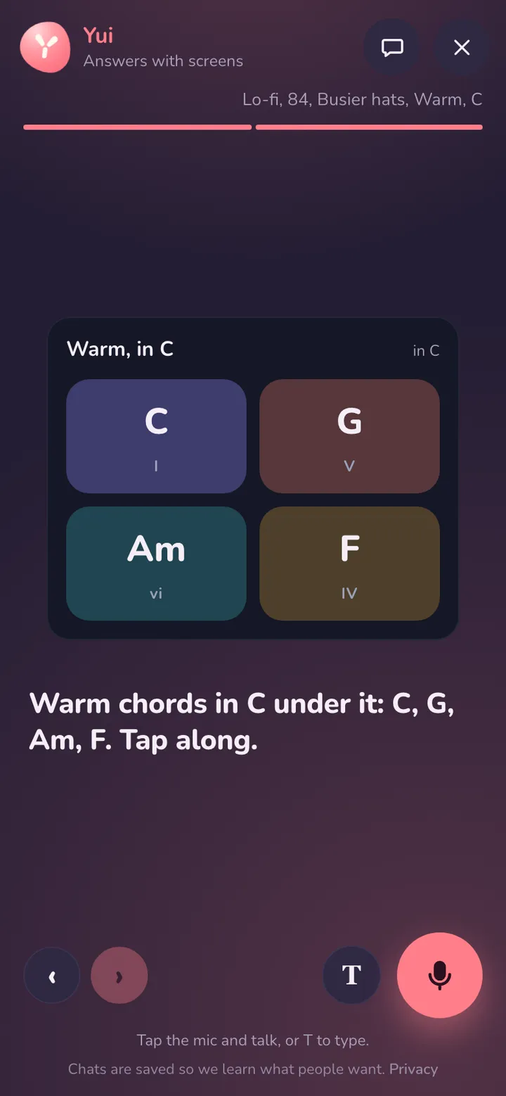 Warm chords in C under it: C, G, Am and F on big buttons