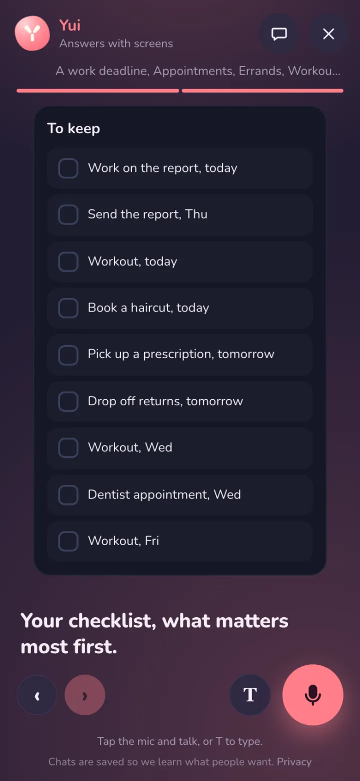 To keep: the week's checklist with ticks, the report at the top