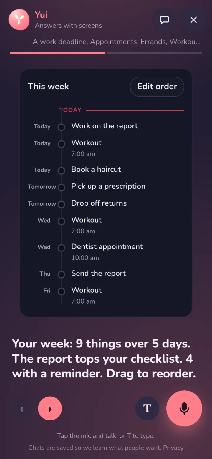 After Plan my week: This week as a timeline by day, work on the report first, workouts at 7:00 am, the dentist Wednesday at 10:00 am