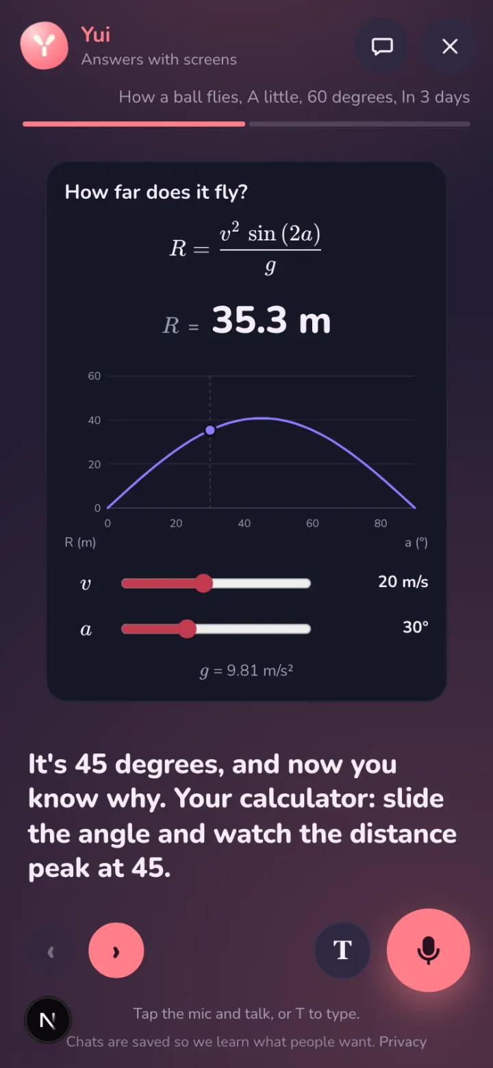 After Save my cards: How far does it fly? The formula, 35.3 m, the distance curve peaking at 45 degrees, sliders for speed and angle