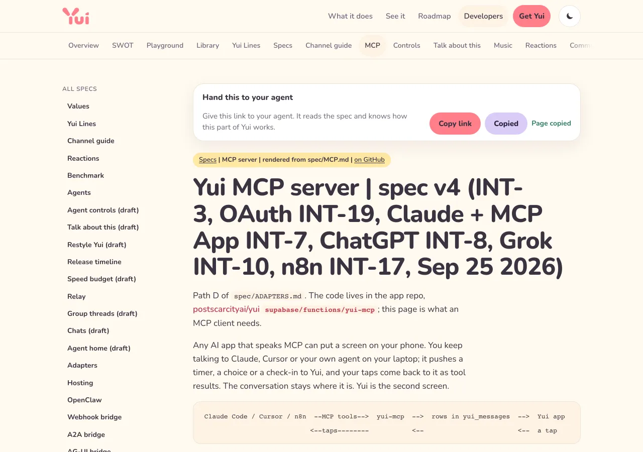 On a spec page the box sits above the text, its line and buttons side by side: It reads the spec and knows how this part of Yui works