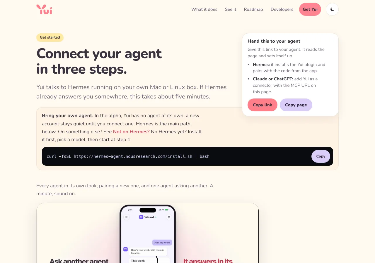 Get started on a computer: the Hand this to your agent box top right beside the title, with Copy link and Copy page and a line each for Hermes and for Claude or ChatGPT