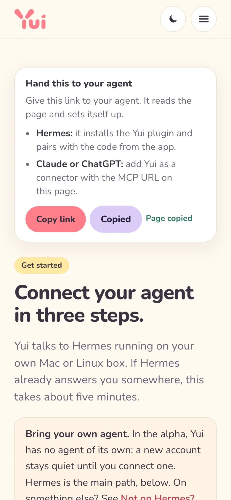 The same box first on a phone, after a tap on Copy page: the button reads Copied and Page copied shows beside it