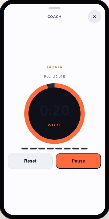 Before, light mode: Tabata round 1 of 8 with 0:20 dark on a near-black dial, hard to read