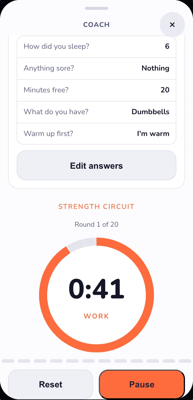 After, light mode: the trainer session after Send, the strength circuit timer at 0:41 on a white dial
