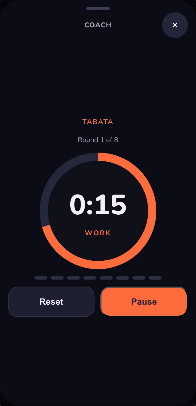 Dark mode, unchanged: Tabata at 0:15 in light digits on the dark dial