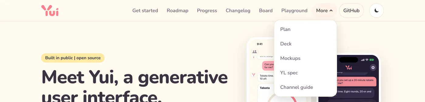 yuigui.com at laptop width: six links in one row, then More opened to show Plan, Deck, Mockups, YL spec and Channel guide, then GitHub and the theme button.