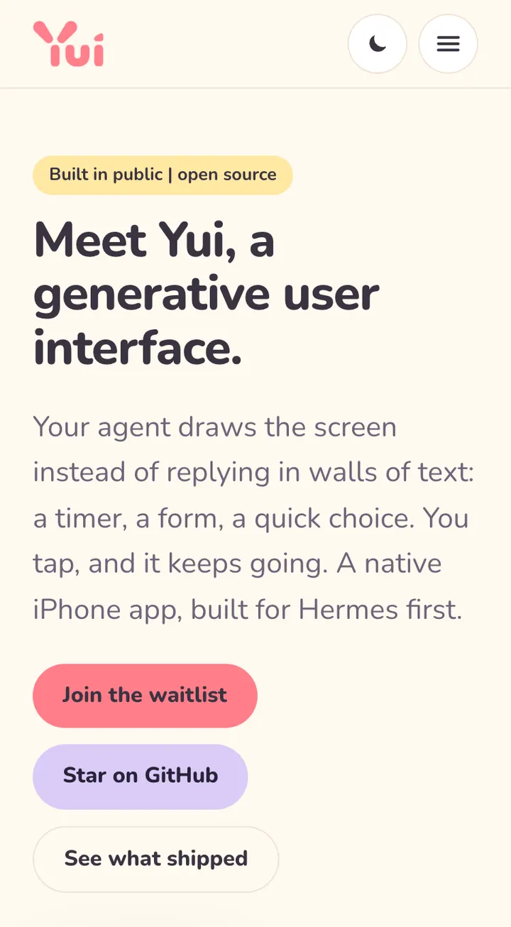 yuigui.com on a phone: the header shows the Yui logo, a dark mode button and a round menu button, with the page headline right below.