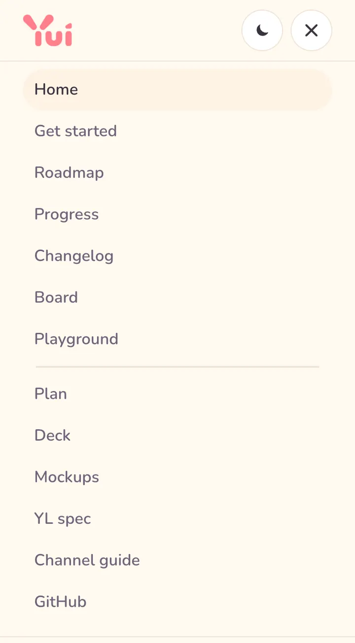 The phone menu open: a single list of every page, Home through Channel guide and GitHub, each on its own tall row.