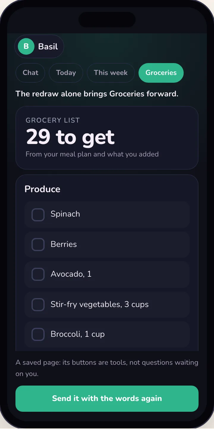 The redraw alone brings Groceries forward: 29 to get, the produce aisle, a note that its buttons are tools