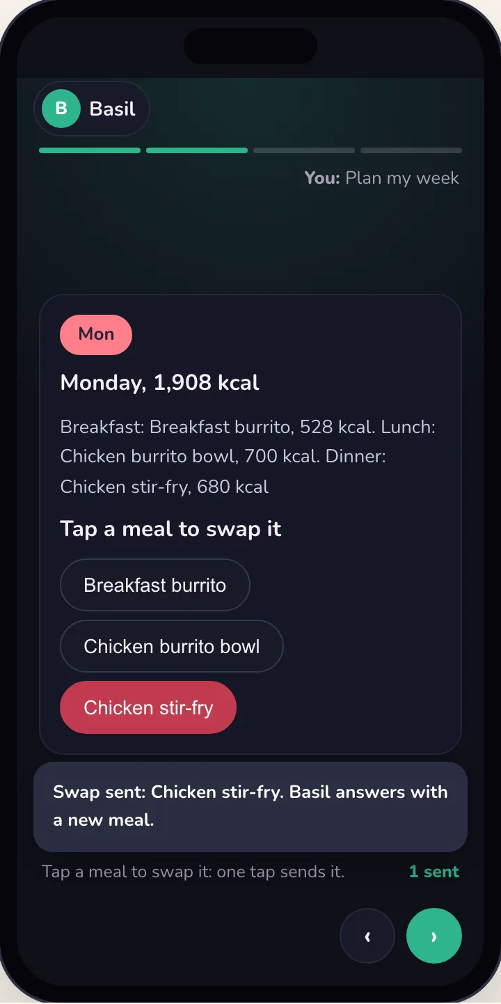 Basil's week on the stage: Monday's card, Chicken stir-fry tapped, Swap sent, 1 sent