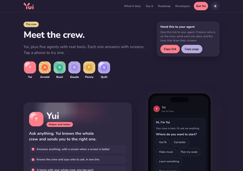 Desktop in dark mode: the crew row and Yui's first screen, Where do you want to start